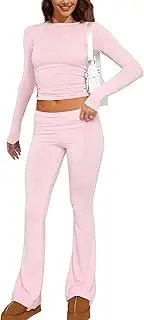 [Livtany] Women's Yoga Lounge Sets Crew Neck Long Sleeve Crop Tee and Low Rise Flare Pants Tracksuit Slim Fit Two Piece Outfits