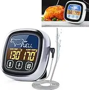 Digital Meat Thermometer with Waterproof Long Probe and Large Touchscreen LCD Kitchen Timer Food Thermometer Instant Read for Smoker BBQ Oven (No Includes AAA Batteries)