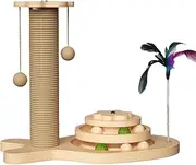 3-in-1 Natural Wood Cat Scratching Post, Multi-Level Pussy Tower with Hanging Balls, for Indoor Cats Home, Pet Store, Mog Cafe