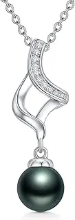 [EKJQB] Silver 9-10MM Tahitian Black Pearl Necklace for Her,Sterling Silver Peacock Green Black Tahitian Pearl Infinity Pendant Necklace for Women,S925 Silver with 18K White Gold Plated,18+2 inch, 16+2