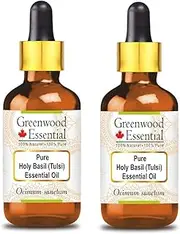 Greenwood Essential Pure Holy Basil (Tulsi) Essential Oil (Ocimum sanctum) with Glass Dropper Steam Distilled for Personal Care (Pack of Two) 100ml X 2 (6.76oz)