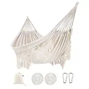 Indoor Hammock with Macrame Fringe for 2 Persons,Double Boho Pure White