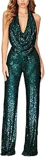 [YonYeHong] Women's Jumpsuit Sleeveless V Neck Playsuit Backless Sequins Slim Romper Loose Pants