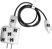 Cute Bow Pearls Charger Protective, Fast Charger Case for iPhone Fast Charger 18W/20W USB-C Power Adapter and Lightning Cable, Data Cable Protector-Black