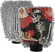 XYMZR Skeleton Poker Funny Absorbent Microfiber Car Wash Mitt, Funny Cute Anime Scratch Free for Cars Cleaning, Home Cleaning Mitts, 2 Pack, 10.24” L x 7.09” W