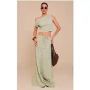 Sage Green Cheesecloth Floaty Drawstring Maxi Skirt, Sage Green