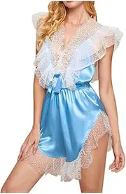 [KSDFIUHAG] Sexy Lingerie for Women Set Erotic Womens Lingerie V-Neck Satin Lacey Nightdress Bodysuit Porno Backless Sleepwear Baby Underwear Pajamas-Light_Blue_XXL