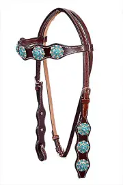 Western Brown Leather Shaped Headstall with Crystal Studded Conchos