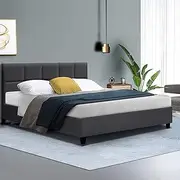 [Artiss] Double Bed Frame Platform Checkered Headboard Wooden Beds Base Frames Bedroom Room Decor Home Furniture, Upholstered with Charcoal Faux Linen Fabric + Foam + Wood, Modern Design