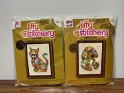 Vtg Jiffy Stitchery calico dog & cat 414/416 set needlepoint kits 1990