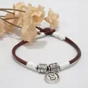 Initial Letter Charm Brown Leather One Of A Kind Boho Bracelet - Made in USA