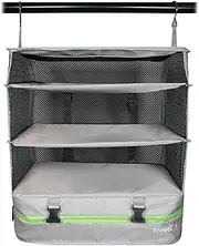 Grand Fusion Stow-N-Go Portable Hanging Travel Shelves, Packing Organizer for Luggage. Carry on Closet with Hanger for Clothes and Storage Compartment, Travel Essentials from Large, Light Gray