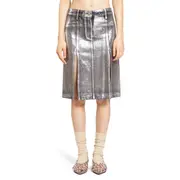 [THE ATTICO] Midi Skirt in Shiny Coated Denim Silver