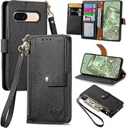 Compatible with Google Pixel 8A Cover,Flip Stand Compatible with Google Pixel 8A Zipper Card Slot Magnetic Wallet Case Black
