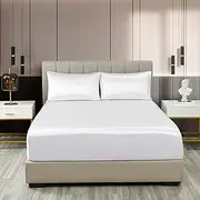 Royal Comfort Sheet Set Satin Polyester, Ultra Soft, Breathable, Silky Smooth, 1 x Fitted Sheet, 2 x Pillowcases(3 Pcs, Queen, White)