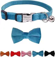 Personalized Cat Collar Velvet with Name Kitten Collars with Bell and Bow Tie (Blue)
