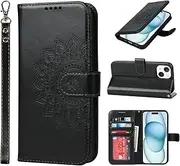 Cavor Wallet Case for iPhone 15 6.1'' PU Leather Case Magnetic 3D Embossed Flower Women Flip Kickstand with Card Holder Wristlet Hand Strap Protective Cover-Flower Black