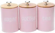 B Blesiya Rustic Feminine Food Storage Canister - Set of 3 Pink Zinc Alloy Canisters with Bamboo Lids - 9.5cm x 15.7cm (3.7in x 6.2in) - Air Tight, Durable, Reusable - For Tea, Coffee, Sugar, Spice