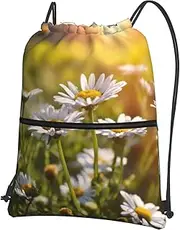 EdWal Wild White Daisy Flower Print Drawstring Backpack Gym Bags Sports Bags With Zipper Pocket For Travel Swimming Beach, Black, One Size