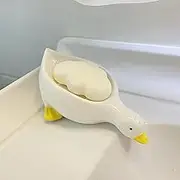 Ceramic Cute Duck Soap Dish, Self Draining Soap Holder for Shower Bathroom Bathtub Kitchen Sink Ceramic Tray Holder
