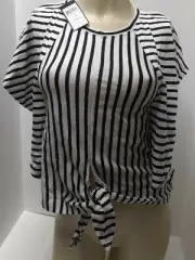 BCBGMAXAZRIA Women's XS Striped Tie Front Cropped Top Black Combo