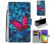 For Samsung Galaxy A22 4G Wallet Phone case with lanyard - Blue Red Butterfly