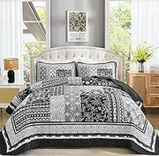 WONGS BEDDING Black Quilt Set Queen Size,3 Pieces Boho Patchwork Bedspread Coverlet Set, Lightweight Bohemian Quilt Bedding Set for All Seasons (96"x90")