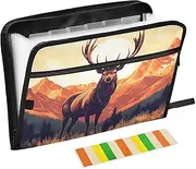 Quteprint 13 Pockets Expanding File Folder with Zipper Closure, Deer Mountains Sunset Accordion File Folder with Sticky Labels, Letter Size A4 Papers Expandable File Document Organizer