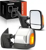 A-Premium Towing Mirrors - Compatible with Nissan Titan 2017-2022 - Manual Folding Heated Memory Function Telescoping Chrome - with Power Glass Turn Signal Blind Spot Detection Puddle Light - Pair Set