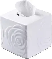 White Ceramic Rose Tissue Box Cover, Carved Flowers Large Square Tissue Box Holder Decorative for Bathroom, Vanity, Kitchen Countertop, Bedroom Night Stands, Office Desk Top