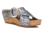 ROS HOMMERSON TABITHA BLUE MULTI COLOR LEATHER WEDGE HEEL ADJUSTABLE SANDAL 8