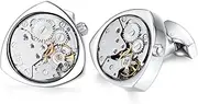 [HONEY BEAR] Cufflinks for Mens - Triangle Working Watch Movement Wedding Business Gift with Box (Silver/Black)