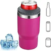 4 in 1 Beer Cooler, Stainless Steel Bottle and Can Insulator for 12oz Standard Cans, Slim Cans and Beer Bottles, or as a 14oz Coffee Mug with lid (Rose red)