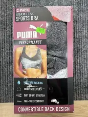 PUMA Bra Women's Medium Black Grey Seamless Sports Bra 2-PacK Convertible Back