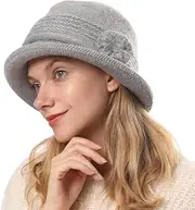 [ZffXH] Winter Wool Knit Cloche Hat 1920 Vintage Beanie Cap Bowler Church Bucket Dress Felt for Women Ladies Seniors
