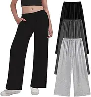 [EXARUS] 3 Pack Girl's Wide Leg Baggy Sweatpants Flowy Drawstring Waist Loose Long Sweat Pants Casual for Teen 8-14Y