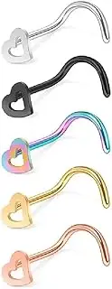 [Generic] 5 x PVD Plated on Surgical Steel Heart Top Nose Stud Screw Ring Piercing Body Jewellery, One Size, Metal, 0