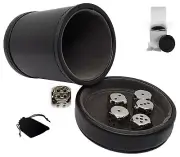 Zinc Alloy Dice Nickel w/Black Pips + PU Leather Grey Felt Lined Cup Lid Tray