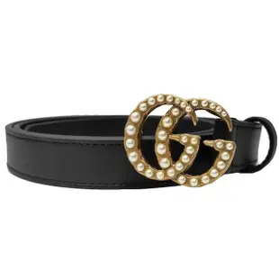 【GUCCI 古馳】476342 經典GG復古金屬Logo珍珠綴飾細版牛皮腰帶/皮帶(黑色90CM)