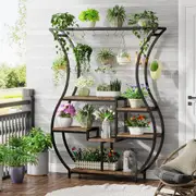 6 Tier Plant Stand 70.9 Tall with 10 Hanging Hooks - Vase Shape Ladder Display Rack- Brown/Black