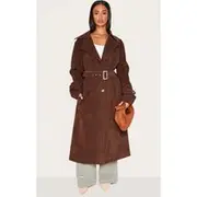 Petite Chocolate Faux Suede Belted Trench Coat, Chocolate