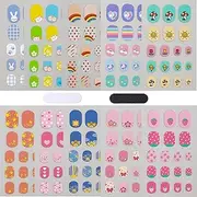 PQCLXUYA 10 pcs Colorful Kid Nail Stickers Full Nail Wraps for Kids Girls 3D Self Adhesive Nail Strips Including Rainbow Cat Rabbit Flower Strawberry Heart Sun with 2Pcs Nail Files for Age 8 and Older