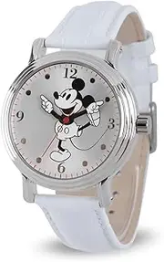 [Disney] Mickey Mouse Adult Vintage Articulating Hands Analog Quartz Watch, Silver, White, Mickey Quartz Watch