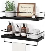 DelSol Floating Shelves for Wall, Wall Mounted Storage Shelves Set of 2 with Black Metal Frame, Towel Rack for Bathroom, Bedroom, Living Room, Kitchen, Office (Black)