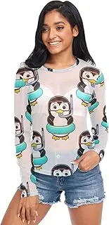 [RPLIFE] Cute Penguins White Long Sleeve Fishnet Top, Sheer Womens Tops S-XXL