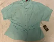 Vince Camuto Blouse Women L Blue Aqua Ice Short Sleeve Drop Shoulder Tie Front