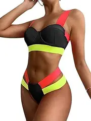 [Generic] Women Neon Patchwork Bikini Swimsuit 2 Piece Sexy Cutout Push Up Bathing Suit