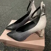 Franco Sarto Sz 9 Snake Print Pointed Toe Heels w/ Ankle Strap Gray Black Stud