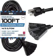 100 Ft Black Oil Resistant Extension Cord/3 Electrical Power Outlets for Farms