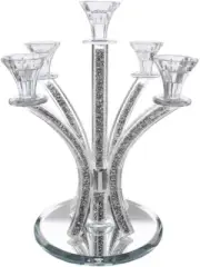 (D) Judaica Crystal Candelabra 5 Arm Candle Holder Centrepiece 14.6" H (Silver)